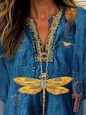 preiswerte Damen Boho Tops-Damen Hemd Libelle Täglich Lässig Langarm V Ausschnitt Normale Oberteile Täglich Ferien Knöpfe Druck Gelb Frühling Herbst
