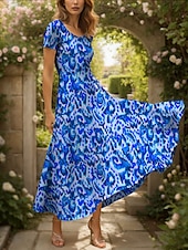 ieftine Artă și design rochii-Pentru femei Rochie Maxi Rochie casual Rochie A line Rochie de vară Elegant Vacanță Casual Fit regulat Grafic Abstract Manșon scurt Pătrat Galben Roșu-aprins Albastru piscină Mov Vară Primăvară