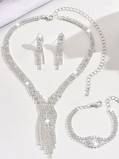 voordelige Dames ketting-Set met fonkelende strass-sieraden voor dames - elegante zilveren ketting, armband, oorbellen en ring, luxe statement accessoires voor avonddansen en cocktailparty's