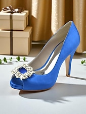 クリスタルバックル付きレディースサテンピープトゥパンプス - カクテルパーティーや夜のイベントに最適な、クラシックな女性用ハイヒールドレスシューズ お買い得  カクテル-クリスタルバックル付きレディースサテンピープトゥパンプス - カクテルパーティーや夜のイベントに最適な、クラシックな女性用ハイヒールドレスシューズ