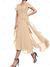preiswerte Bodenlänge-A-Line Brautmodenkleid Elegantes V-Ausschnitt Tee-Länge Chiffon Kurzarm mit einfarbig