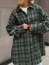 abordables Tops à Rayures et Géométriques pour Femmes-Femmes Chemise Plaid Quotidien Élégant Basique manche longue Col de chemise Hauts Réguliers Travail Quotidien Fête Boutons Vert Véronèse bleu marine Marron Printemps Automne