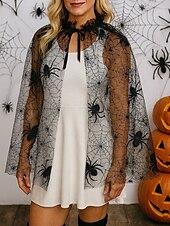 economico Accessori di Halloween-Mantello ragnatela di Halloween da donna: scialle in rete nera trasparente con colletto arricciato, mantello leggero in poliestere per feste in maschera, cosplay e travestimento da strega