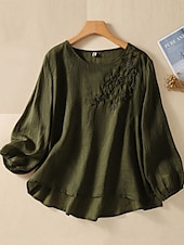 preiswerte Hemden-Damen Hemd Leinen-inspirierte Hemden Bluse Blumen Stilvoll Lässig Langarm Rundhalsausschnitt Normale Oberteile Täglich Bestickt Weiß Armeegrün Rote Blau Sommer Frühling Herbst