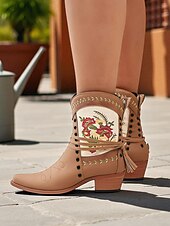 abordables Cowboy et bottes occidentales-Bottes western brodées pour femmes avec franges et pompons – bottes bohème chic pour le travail à la ferme et les sorties décontractées