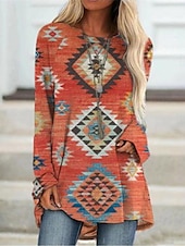 abordables T-shirt Boho-Femmes T-shirt Graphique Géométrique ancien Élégant Classique manche longue Col ras du cou Col rond Hauts Réguliers Quotidien Imprimé Rouge Orange Vert Kaki Printemps Automne