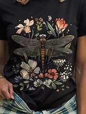 abordables T-shirt Animaux-Femmes T-shirt Fleuri Graphique Libellule ancien Élégant Classique Manche Courte Col ras du cou Col rond Hauts Réguliers Quotidien Week-end Imprimé Noir Blanche Jaune Rose Claire Rouge Été Printemps