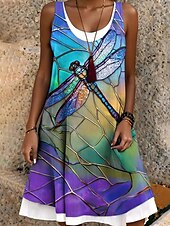 preiswerte Tiere kleiden-Damen Minikleid Sommerkleid A Linie Kleid Schulterfreies Kleid Urlaub Lässig Boho Täglich Normale Passform Grafik Tiermotiv Libelle Ärmellos Rundhalsausschnitt Blau Purpur Grün Sommer Frühling Herbst