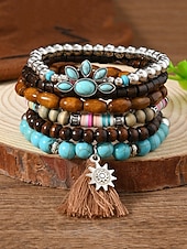 economico Bracciale da donna-Set di braccialetti con ciondoli a strati con perline boho da donna: bracciali in legno, turchese e pelle scamosciata in stile vintage con ciondoli a forma di foglia e geometrici, ideali per abbigliamento casual, festival e vacanze al mare