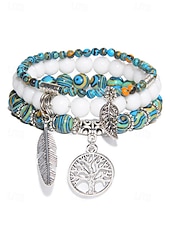 economico Bracciale da donna-Set di bracciali da donna in stile boho con perline turchesi, con ciondolo a forma di albero della vita e piuma, elastico, perline in pietra naturale, adatti per abbigliamento casual, feste e regali.