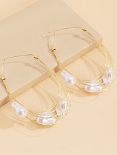 abordables Boucle d&amp;#39;oreille pour femme-Boucles d&#039;oreilles créoles surdimensionnées en fil d&#039;or pour femmes avec gouttes de perles irrégulières - bijoux de déclaration artistique pour les fêtes de mode et les événements branchés