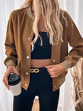 billiga Trenchcoats-Dam Vardaglig jacka Varsity jacka Bekväm Andningsfunktion Ficka Knappar Mode Modern Ledigt Färgblock Utekväll Helgen Enkelknäppt Normal Hög krage Normal Långärmad Ytterkläder Brun Höst Vinter