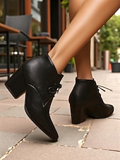 baratos Botas de tornozelo-Botas femininas retrô de cano curto com cadarço e bico fino - botas curtas de salto bloco em couro sintético para o outono, estilo urbano &amp;roupas do dia a dia