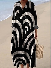 tanie Sukienki w paski i geometryczne-Damskie Sukienka maxi Sukienka letnia Sukienka A line Urlop Codzienny Boho Wyjściowe Plaża Graficzny Geometryczny Naszywka Długi rękaw W serek jesion Czarny Żółty Rumiany róż Lato Wiosna
