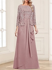 voordelige Met Jas-Tweedelig A-lijn Moeder van de bruid jurk Elegant Eenvoudig minimalistische Vierkante hals Tot de grond Chiffon Geribd kant Mouwloos 3/4 mouw met Plooien Ruches Gelaagde ruches 2025