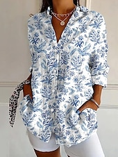 voordelige Dames grafische tops-Dames Overhemd Blouse Bloem Casual Lange mouw Overhemdkraag Normale tops Dagelijks Feestdagen Uitgaan Knop Afdrukken Wit Geel blauw Paars Fuchsia Zomer