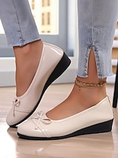 baratos Sapatilhas e Mocassins de mulher-sapatilhas femininas de couro envernizado vermelho com laço - sapatos sociais clássicos de bico redondo e sem cadarço para adolescentes e mulheres, ideais para a escola, trabalho e roupas casuais do