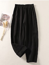 baratos Calça de linho de algodão simples-Mulheres Calças de linho de algodão chinês Estilo Étnico Básico Casual Comprimento total Cintura Alta Tecido Bolsos Com Cordão Conforto Exterior Com Stretch Férias Rua Diário Preto Branco fúcsia