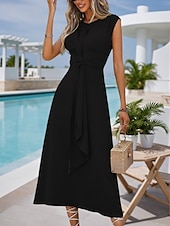 abordables Robe noire-Femmes Robe Midi Robe de Cocktail Robe d&#039;invité de mariage Mousseline de Soie Mode Moderne Extérieur Vacances Coupe régulière Uni Sans manches Col ras du cou Noir Violet Bleu de minuit Été Printemps