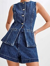 cheap Women&#039;s Blouse Suits-Women&#039;s Active Fashion Blouse Shorts Sets Sleeveless Crew Neck Solid Color Split Thigh Vacation Casual Daily Blue Summer Regular Fit