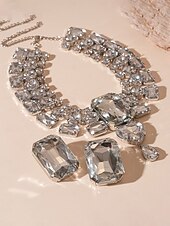 abordables Collar de mujer-Gargantilla y pendientes de cristal plateado con declaración para mujer: joyas glamurosas con diamantes de imitación grandes para fiestas, bodas y eventos formales.