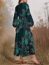 ieftine rochie florală-Pentru femei Rochii Midi Rochie casual Șifon Rochie leagăn Modern Vacanță Zilnic Sfârșit de săptămână Fit regulat Floral Frunză Manșon Lung În V Bleumarin Verde Închis Trifoi Albastru Închis Var