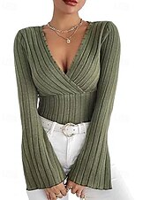 preiswerte Damen Einfache Oberteile-Damen T Shirt Einfach Mode Modern Langarm V Ausschnitt Normale Oberteile Täglich Tunika Schwarz Armeegrün Grau Sommer