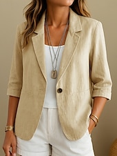 abordables Camisas-Blazer de lino y algodón para mujer, cómodo, transpirable, con bolsillos, informal, liso, para oficina, calle, uso diario, botonadura sencilla, cuello vuelto, corte regular, manga larga, prenda exterior, amarillo, rosa, albaricoque, verano, primavera.