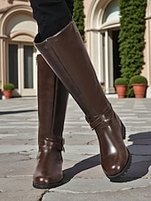 abordables Botas para montar-Botas de montar hasta la rodilla para mujer en color café con detalle de hebilla: botas clásicas de piel sintética de pantorrilla ancha para otoño, viajes y uso diario.