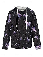 cheap Animals Tops-Women&#039;s Zipper Hoodie Graphic Butterfly Fashion Casual Long Sleeve Hooded Regular Tops Street Dailywear Pocket Print Purple Spring Fall
