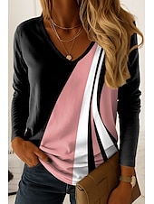 billige Stripe og geometrisk t-skjorte-Dame T skjorte Grafisk Geometrisk Årgang Stilfull Klassisk Langermet V-hals Vanlige topper Daglig Trykt mønster Rosa Blå Lilla Grønn Grå Vår Høst