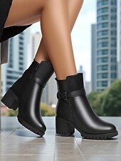 baratos Botas de tornozelo-Botas femininas de couro preto - botas de inverno de salto médio com forro de pele quente, zíper lateral e fivela para clima frio, trabalho &amp;roupas para atividades ao ar livre