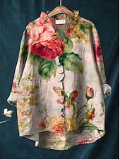 tanie Kwiatowe bluzki-Damskie Koszula Boho Falbana Kwiaty Graficzny Bohema Zabytkowe Elegancki Długi rękaw Zwykłe topy Codzienny Święto Szałwiowy Rumiany róż Brudny róż Fioletowy Fuksja Lato Wiosna Jesień