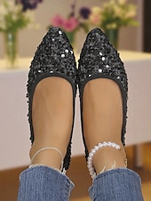 abordables Ballerines femme-Ballerines à bout pointu et paillettes noires pour femmes - élégantes chaussures de soirée à enfiler pour une marche confortable, idéales pour les mariages, les soirées et les tenues de vacances
