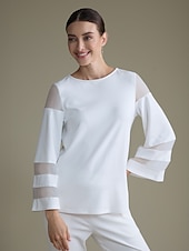 billiga Tvådelade set-Dam Vardaglig stil Chiffong Huvudstad Enfärgad / vanlig färg Dagliga kläder Datum Utekväll Illusion ärm Svart Vit Marinblå Crewneck Ren färg Ledig Långärmad Elegant Ledigt vardag Rund hals Vår