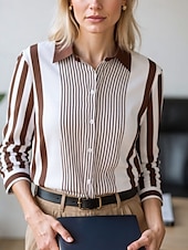 cheap Art&amp;Design Tops-Women&#039;s Blouse Dressy Tops Chiffon Tops Color Block Striped Elegant Daily Stylish Long Sleeve Shirt Collar Regular Tops Work Daily Buttons Print Pink Wine Blue Brown Green Spring, Fall, Winter, Summer