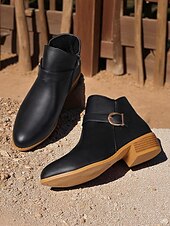 abordables Botines-Botines marrones de piel sintética para mujer: botines de tacón bajo con hebilla y cremallera lateral para salidas de otoño, paseos por el campo y uso diario.