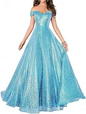 A-Line Evening Gown Elegant Dress Formal Performance Floor Length Short Sleeve Off Shoulder Sequined Backless with Pleats cheap Long Dresses & Gowns-A-Line Evening Gown Elegant Dress Formal Performance Floor Length Short Sleeve Off Shoulder Sequined Backless with Pleats