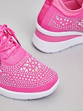 abordables Baskets femme-Baskets compensées Flyknit roses pour femmes avec détails en strass – Chaussures de sport légères et respirantes pour une tenue décontractée et la marche