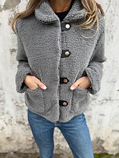 levne Sherpa bundy-Dámské Šerpa bunda Zahřívací Pohodlné Kapsy Střih z umělé kožešiny Módní Denní Bez vzoru Venkovní Ležérní Denní Jednořadé Standardní Klopa Běžný Dlouhý rukáv Svrchní oděvy Černá Khaki Šedá Jaro Podzim