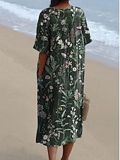 abordables Robes fleuries-Femmes Robe Midi Robe d&#039;Été Robe trapèze Vacances Occasionnel Chaussures de plage Soirée Sortir Plage Coupe Ample Fleuri Graphique Feuille Manche Courte Col en V Vert foncé Vert Été Printemps