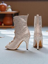 abordables Bottines de danse-Bottines de danse à bout ouvert et strass pour femmes - bottines à talons courts et lacets scintillants pour les spectacles de salon et de scène latins