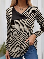 economico T-shirt a righe e geometrico-Per donna Maglietta Grafico Geometrico Moda Casual Manica Lunga Scollo a V Top Regolari Quotidiano Patchwork Bottoni Stampato Nero Marrone chiaro Cachi Primavera Autunno Inverno