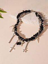 economico Collana da donna-Collana girocollo in pietra nera punk gotica da donna con ciondoli a forma di croce, cuore e stella - gioiello importante per feste, discoteche e serate fuori