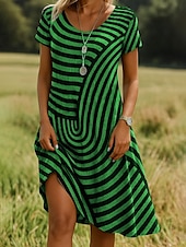 preiswerte Streifen- und geometrische Kleider-Damen Minikleid Freizeitkleid T-Shirt-Kleid Sommerkleid A Linie Kleid Lässig Normale Passform Grafik Geometrisch Kurzarm V Ausschnitt Rote Blau Purpur Braun Sommer Frühling
