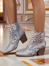 abordables années 1930-Bottines à lacets en jacquard jaune pour femmes avec talons épais - bottes courtes baroques de style victorien de la fin du XIXe siècle pour dames, idéales pour les tenues d&#039;automne, les fêtes