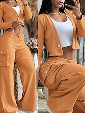 billiga Blusdräkter för kvinnor-Dam Mode Streetwear Byxuppsättningar Långärmad V-hals Ensfärgat Snörning Semester Ledigt / vardag Gul Himmelsblå Kaki Sommar Normal