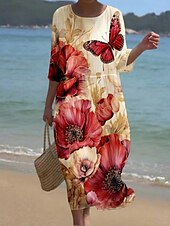 abordables Robe Fleurie-Femmes Robe Midi Robe Décontractée Robe Imprimée Mode Moderne Quotidien Plage Week-end Coupe régulière Fleuri Manche 3/4 Col ras du cou Blanche Jaune Bleu Roi Kaki Été Printemps Automne