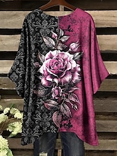 levne Květinové topy-Dámské Halenka Květinový Grafika Elegantní Vinobraní Denní Poloviční rukáv Netopýří rukávy Tričkový Běžné topy Denní Dovolená Oblečení na dovolenou Černá Světlá růžová Rubínově červená Fialová Léto