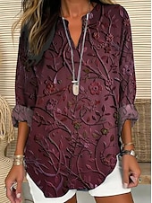 preiswerte Blumenoberteile-Damenbluse Langarm Tunika Oberteile Blumen Grafik Elegant Stilvoll V-Ausschnitt Regelmäßige Oberteile Täglicher Urlaub Print Rot Blau Lila Grün Grau Sommer Frühling Herbst